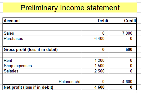 preliminary income statement