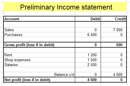 preliminary income statement